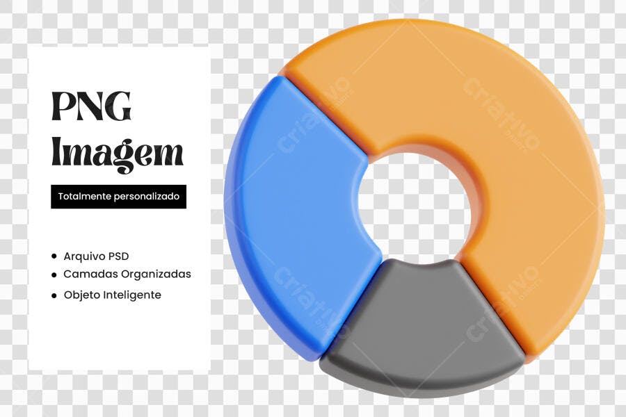 Elemento 3D Gráfico de Pizza Laranja Azul Cinza PNG Fundo Transparente