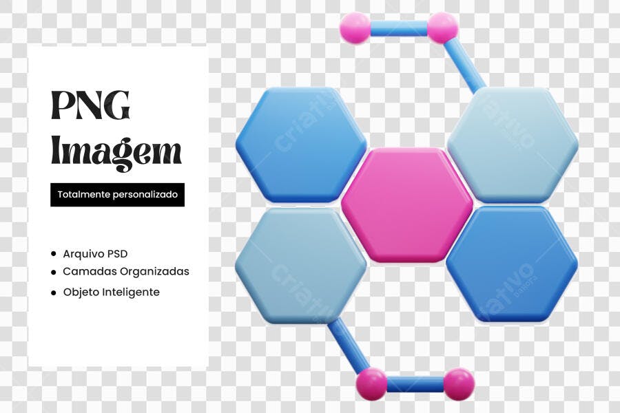 Elemento 3D Hexágonos Conectados Azul Rosa PNG Fundo Transparente