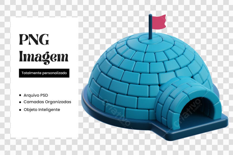 Elemento 3D Igloo Azul com Bandeira Vermelha PNG Fundo Transparente