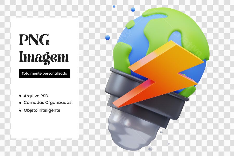 Elemento 3D Lâmpada Terra Raio Energia PNG Fundo Transparente