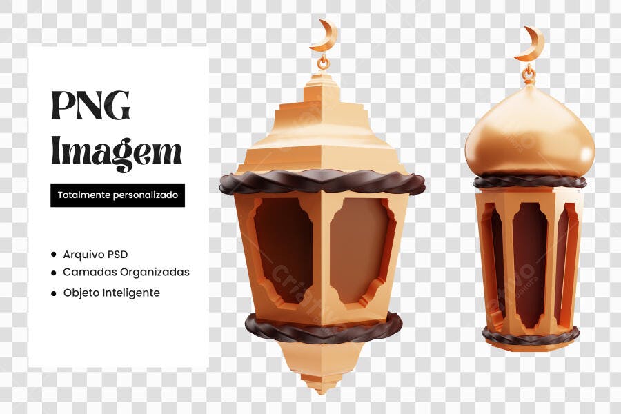 Elemento 3D Lanterna Árabe Ramadã Dourada PNG Fundo Transparente