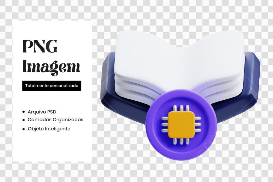 Elemento 3D Livro Aberto com Chip Processador PNG Fundo Transparente