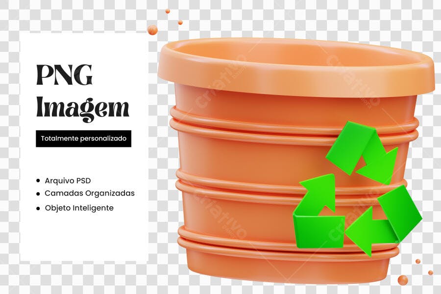 Elemento 3D Lixeira Reciclagem Laranja Verde PNG Fundo Transparente