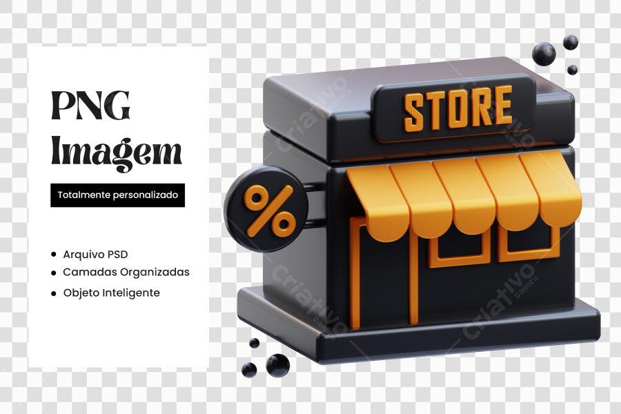 Elemento 3D Loja Virtual E-commerce Preto Laranja PNG Fundo Transparente