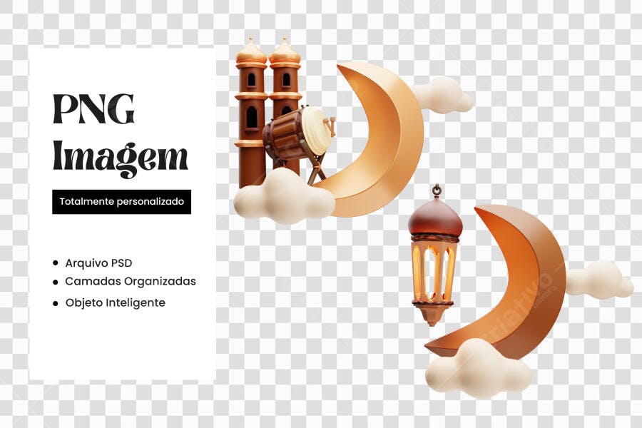 Elemento 3D Lua Crescente Islâmica Ramadã PNG Fundo Transparente
