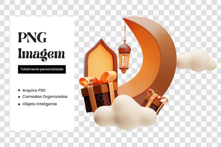 Elemento 3D Lua Crescente Ramadã Mesquita PNG Fundo Transparente