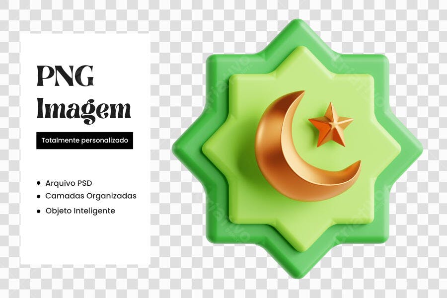 Elemento 3D Lua e Estrela Islâmica Verde PNG Fundo Transparente