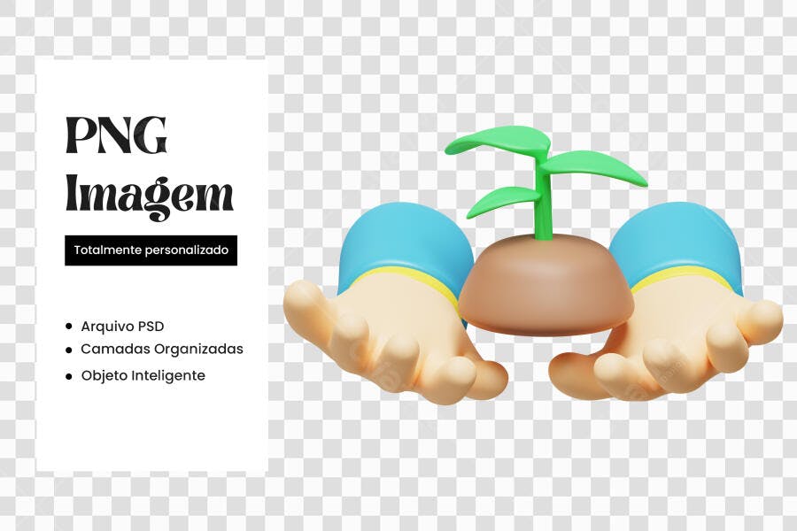 Elemento 3D Mãos Segurando Planta Crescendo PNG Fundo Transparente