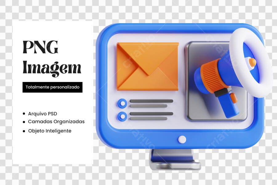 Elemento 3D Marketing Digital Email Megafone PNG Fundo Transparente