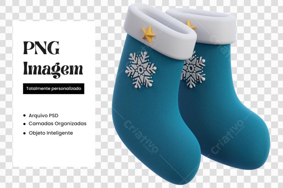Elemento 3D Meias Natal Azul Neve Dezembro PNG Fundo Transparente