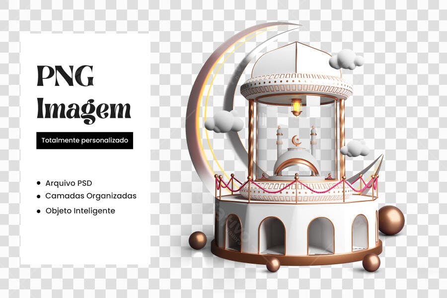 Elemento 3D Mesquita Lua Crescente Islâmica PNG Fundo Transparente
