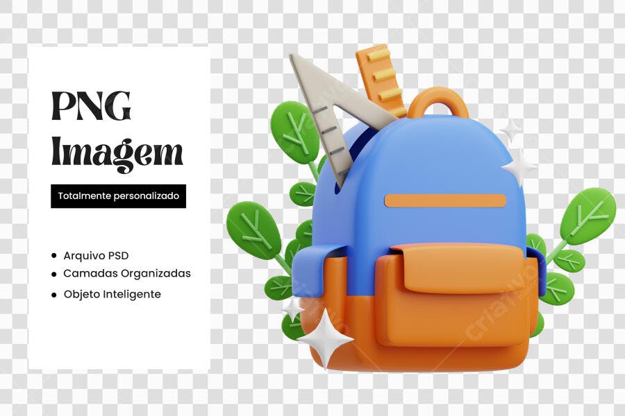 Elemento 3D Mochila Escolar Azul Laranja PNG Fundo Transparente