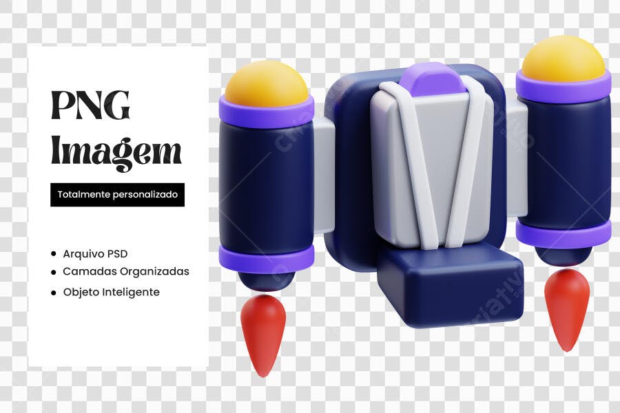 Elemento 3D Mochila Foguete Azul Roxo PNG Fundo Transparente