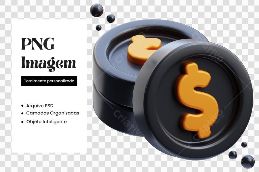Elemento 3D Moedas Dólar Pretas e Douradas PNG Fundo Transparente