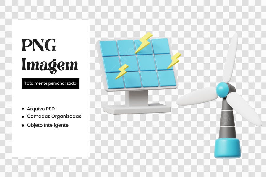Elemento 3D Painel Solar e Turbina Eólica PNG Fundo Transparente