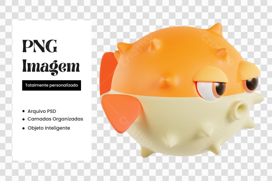 Elemento 3D Peixe Baiacu Laranja Amarelo PNG Fundo Transparente