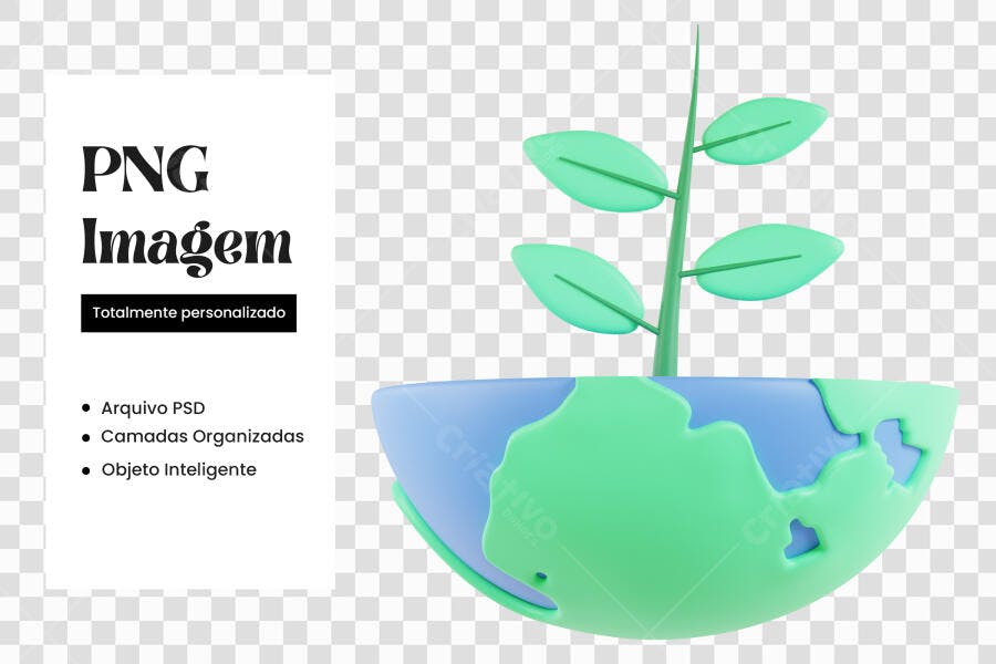 Elemento 3D Planeta Terra Planta Sustentabilidade PNG Fundo Transparente