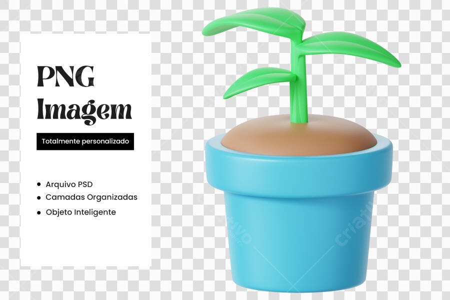 Elemento 3D Planta Vaso Azul Crescimento PNG Fundo Transparente