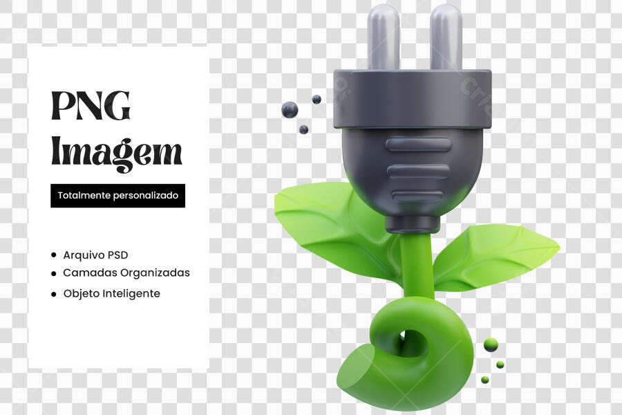 Elemento 3D Plugue Verde Energia Sustentável PNG Fundo Transparente