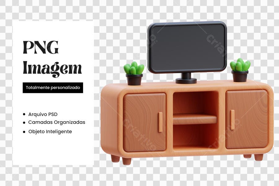 Elemento 3D Rack de TV com Plantas Decorativas PNG Fundo Transparente