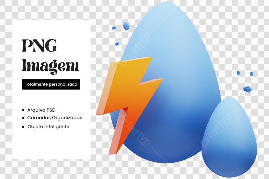 Elemento 3D Raio Laranja Gotas Azuis PNG Fundo Transparente