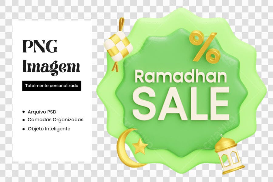 Elemento 3D Ramadhan Sale Verde Dourado PNG Fundo Transparente