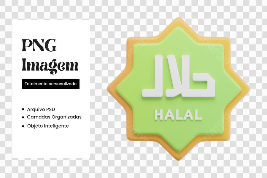 Elemento 3D Selo Halal Verde Amarelo PNG Fundo Transparente
