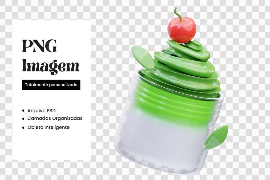 Elemento 3D Sorvete Verde Cereja PNG Fundo Transparente