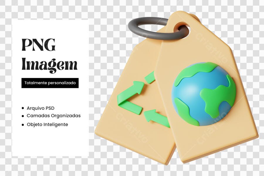 Elemento 3D Tag Reciclagem e Terra Ecologia PNG Fundo Transparente
