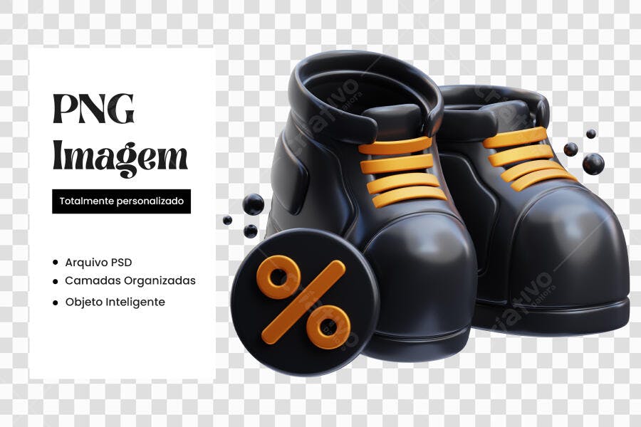 Elemento 3D Tênis Preto Laranja Desconto PNG Fundo Transparente