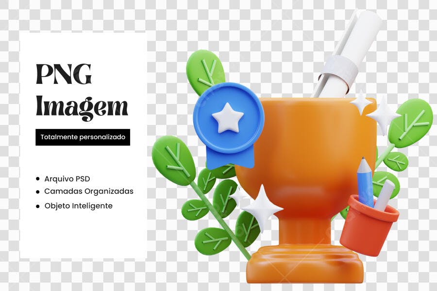 Elemento 3D Troféu Diploma Conquista PNG Fundo Transparente