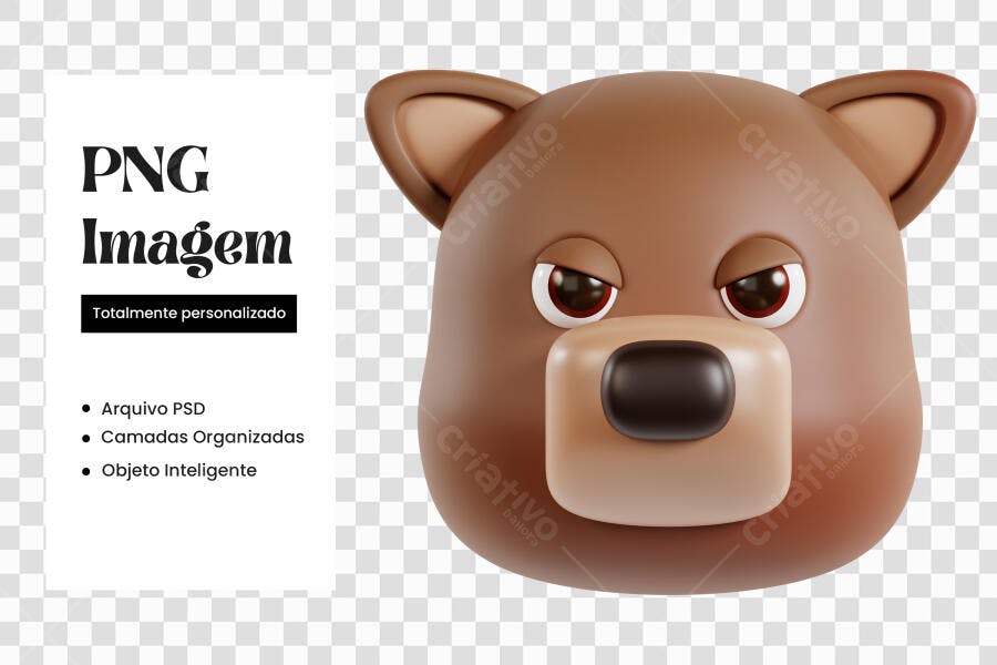 Elemento 3D Urso Marrom Bravo Mascote PNG Fundo Transparente