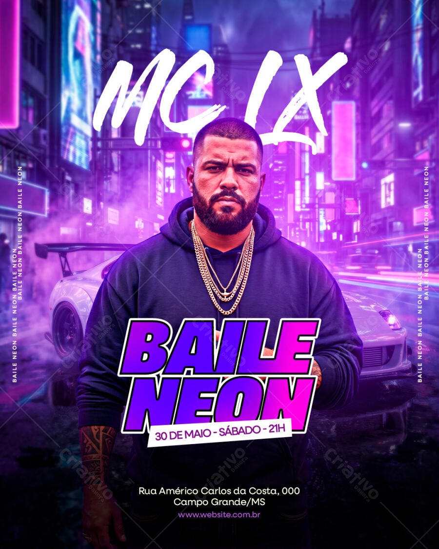 Flyer Baile Neon MC LX Festa Balada PSD Editável