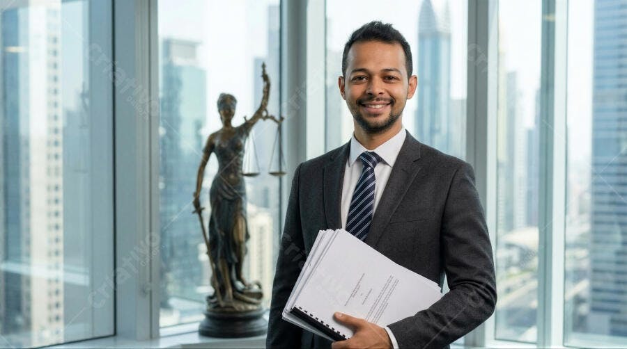 Foto Advogado Homem Indiano Sorrindo Escritório Moderno