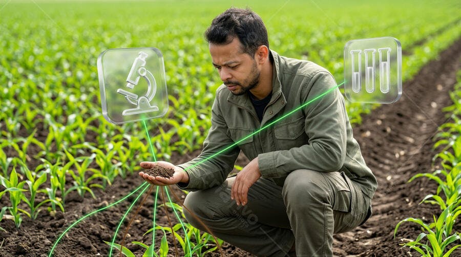 Foto Agricultor Analisando Solo Campo Plantação Tecnologia