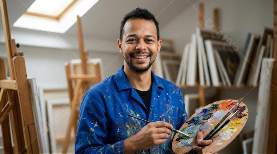 Foto Artista Pintor Homem Negro Sorrindo Ateliê de Arte