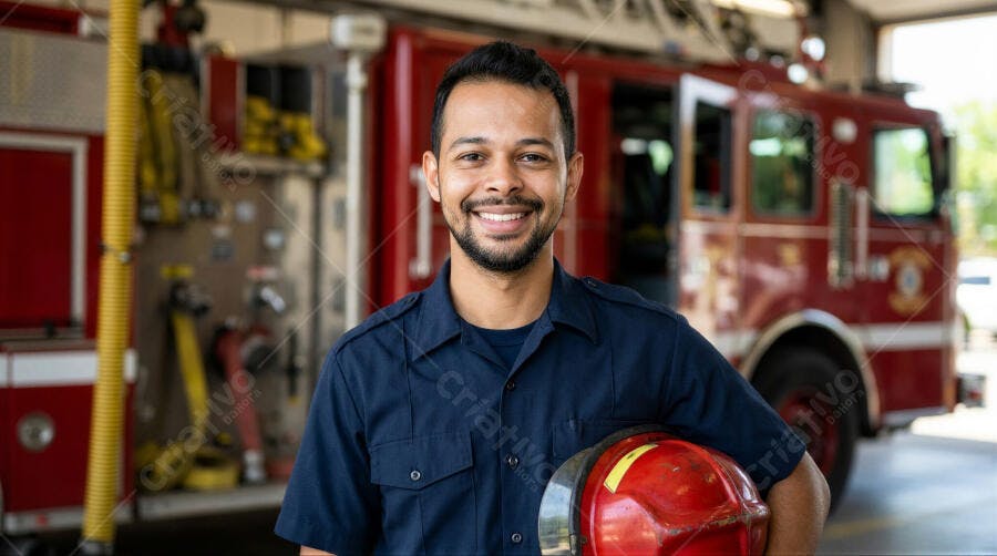 Foto Bombeiro Homem Latino Sorrindo Quartel Caminhão Vermelho