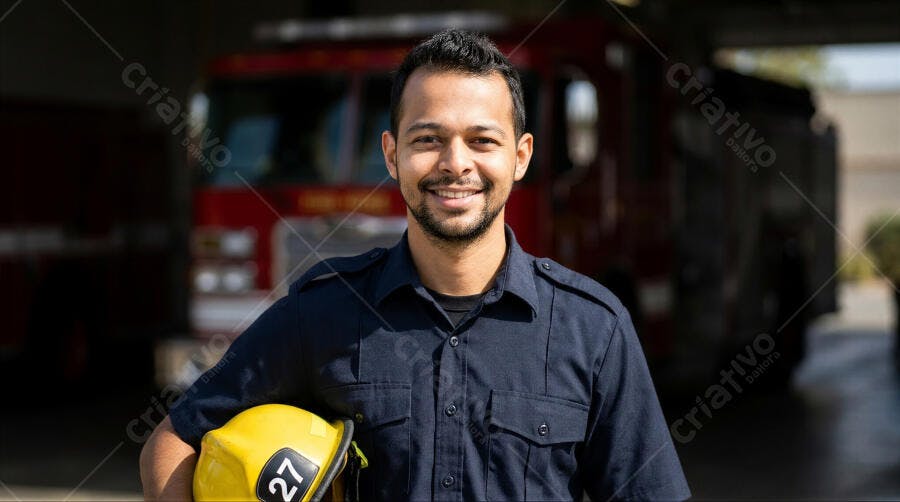 Foto Bombeiro Sorrindo Capacete Amarelo Caminhão de Bombeiros