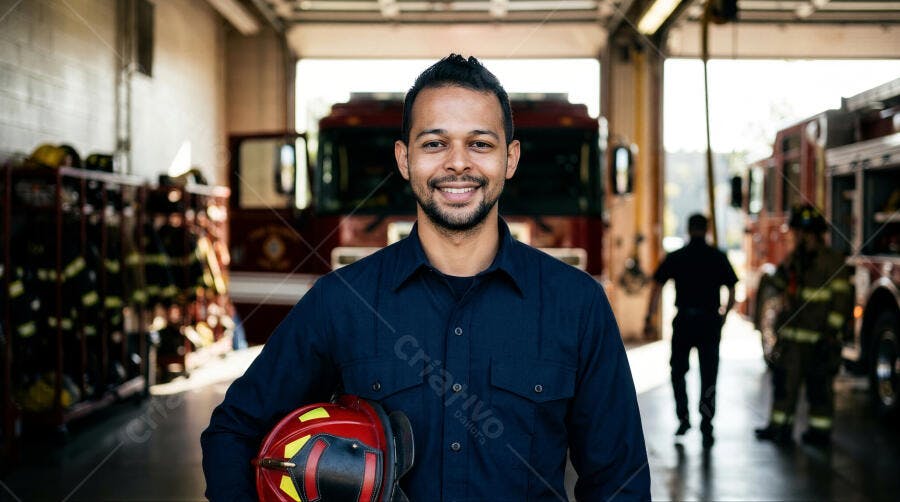 Foto Bombeiro Sorrindo Capacete Estação de Bombeiros