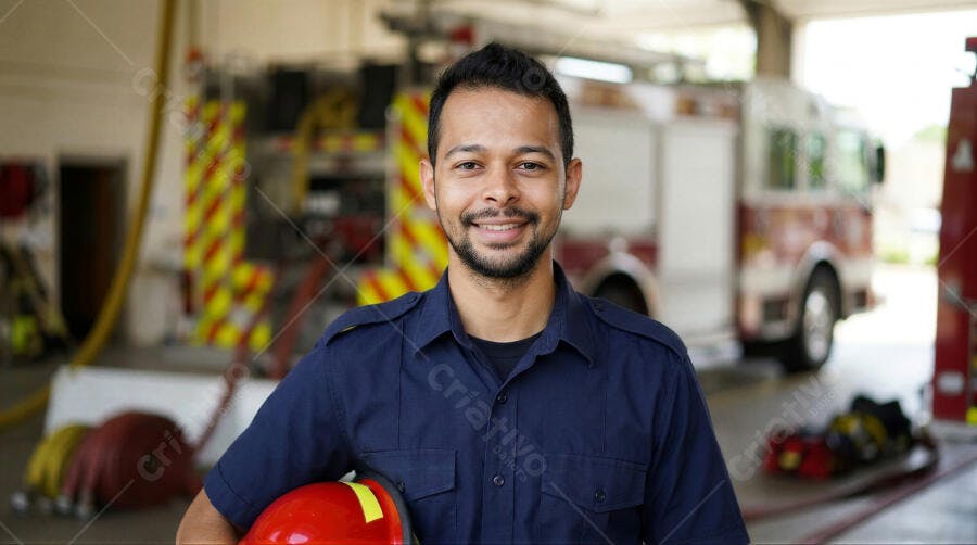 Foto Bombeiro Sorrindo Capacete Vermelho Quartel Fundo Caminhão
