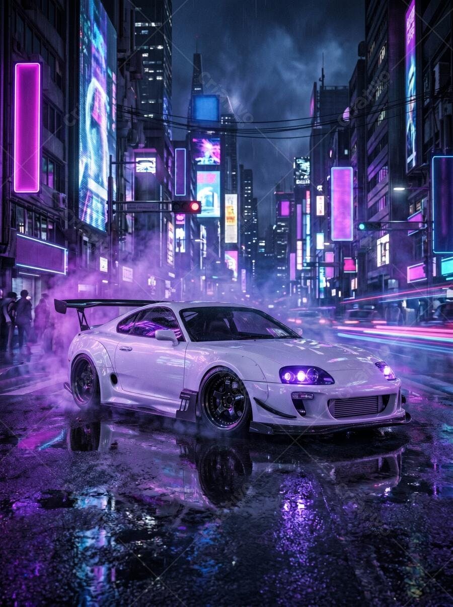 Foto Carro Esportivo Tuning Rua Noturna Neon Cyberpunk