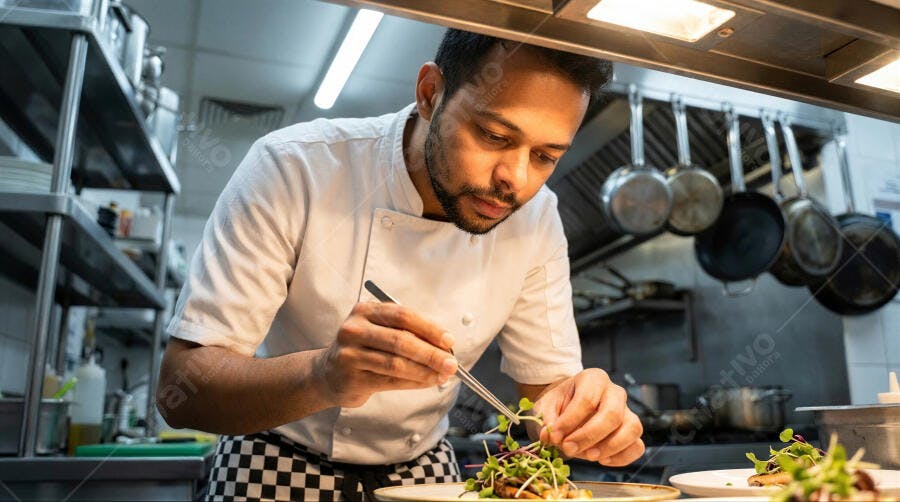 Foto Chef Homem Cozinhando Empratando Prato Gourmet Cozinha Profissional