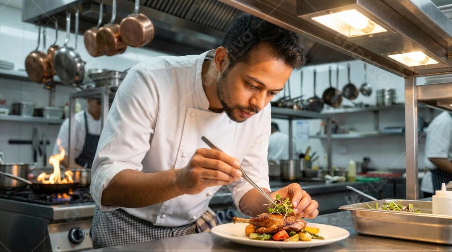 Foto Chef Homem Empratando Prato Gourmet Cozinha Restaurante