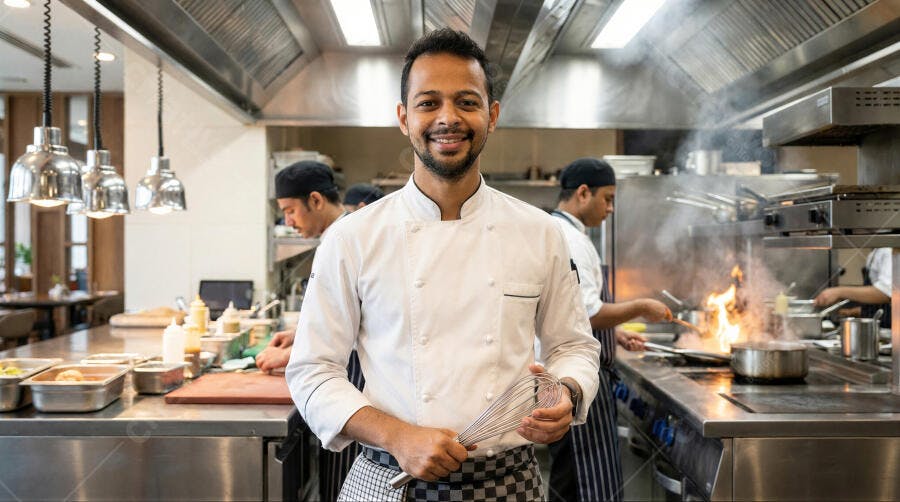 Foto Chef Homem Indiano Sorrindo Cozinha Profissional Restaurante