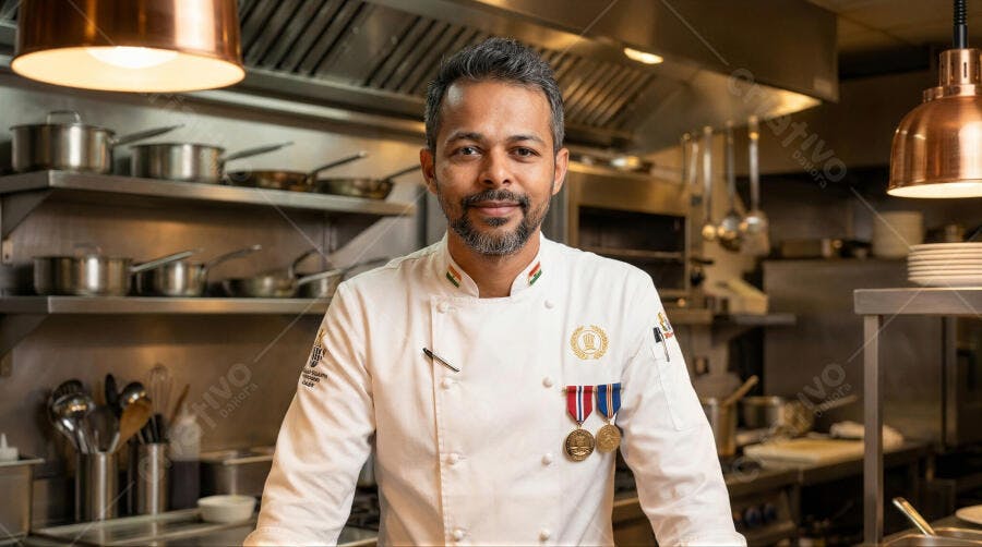 Foto Chef Homem Indiano Sorrindo Cozinha Profissional Restaurante