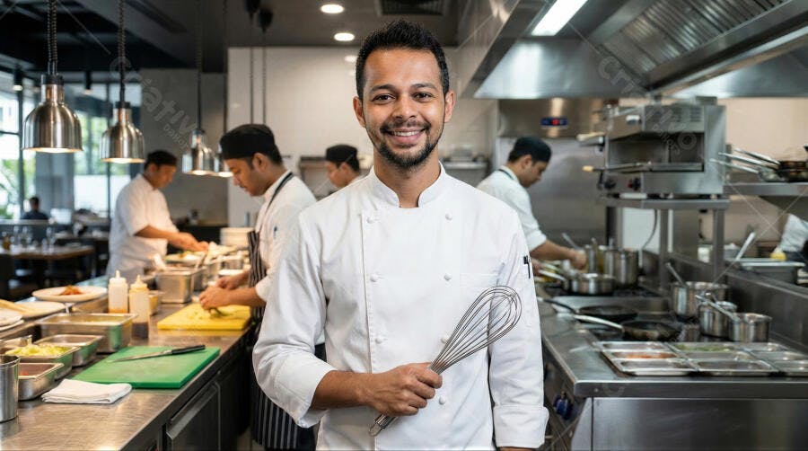 Foto Chef Homem Sorrindo Cozinha Restaurante Profissional