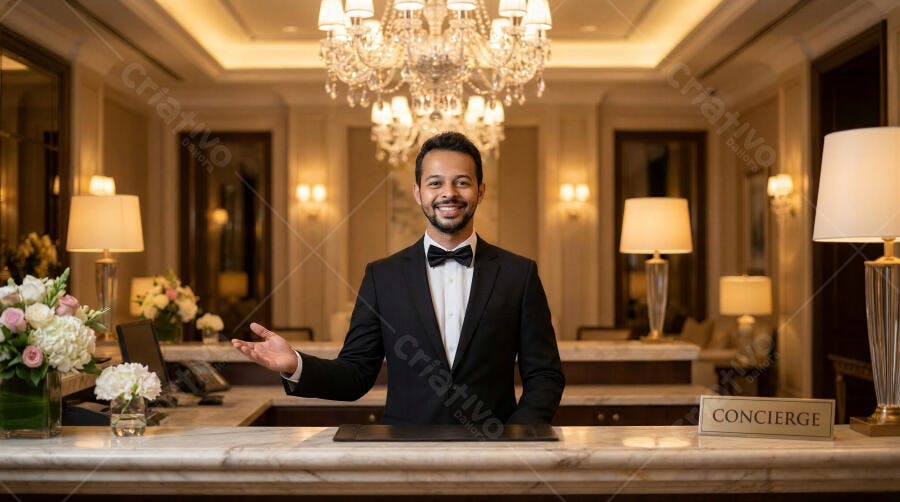 Foto Concierge Homem Sorrindo Balcão Hotel Luxo