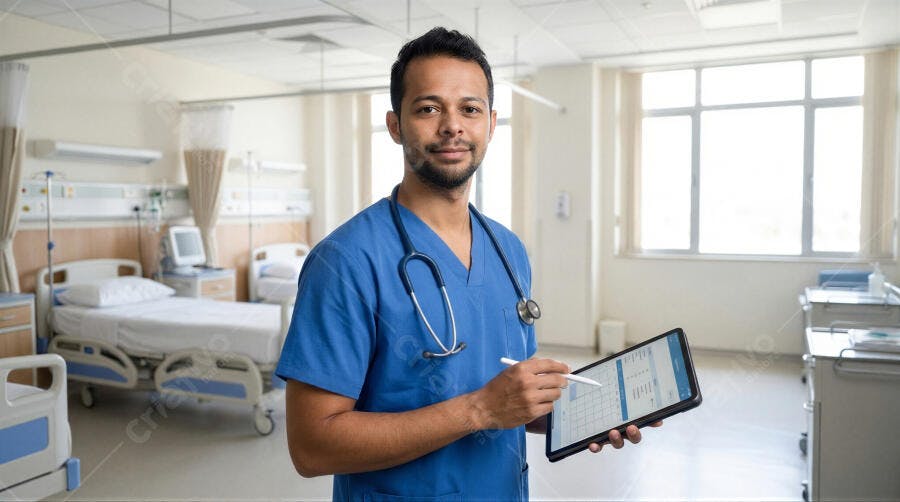 Foto Enfermeiro Homem Sorrindo Tablet Hospital Quarto Paciente
