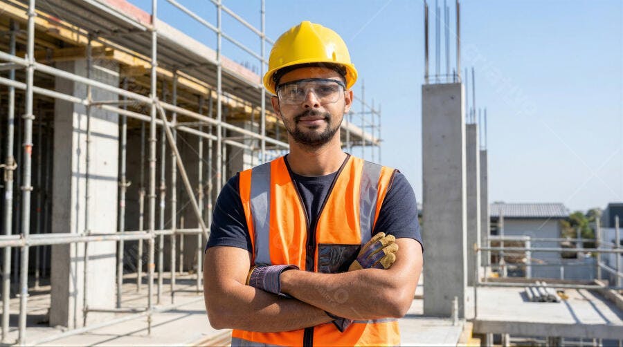 Foto Engenheiro Homem Indiano Braços Cruzados Obra Construção