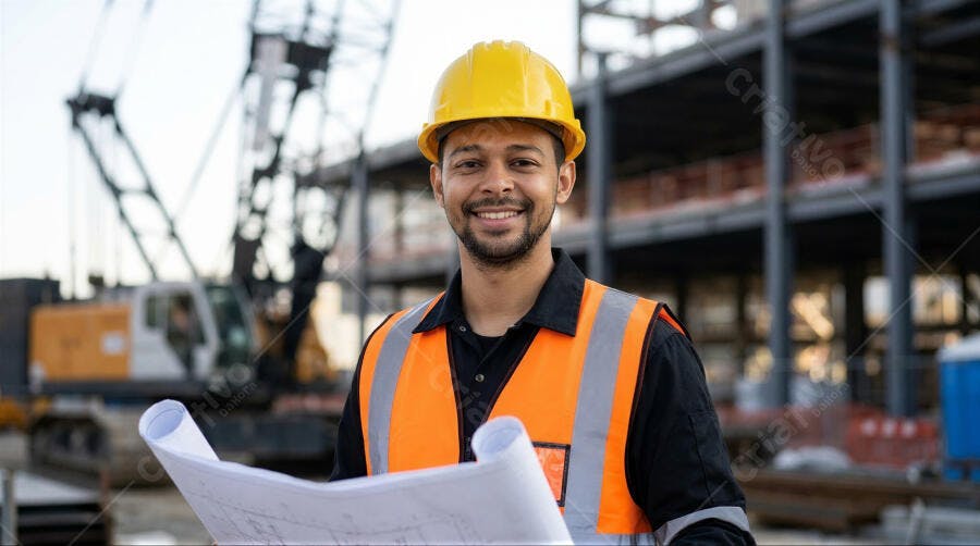 Foto Engenheiro Homem Negro Sorrindo Canteiro de Obras
